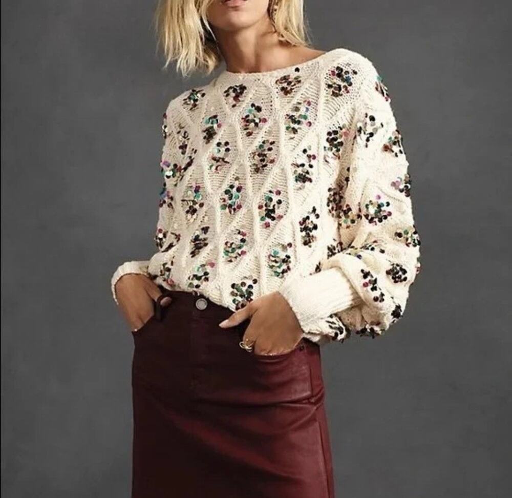 New! Anthropologie Chunky Lara Sequined Sweater | Ivory | Women’s XS